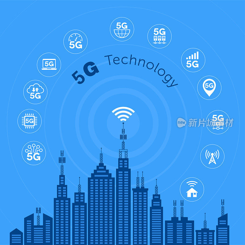 智能城市的概念。5 g通信网络。无线系统连接。